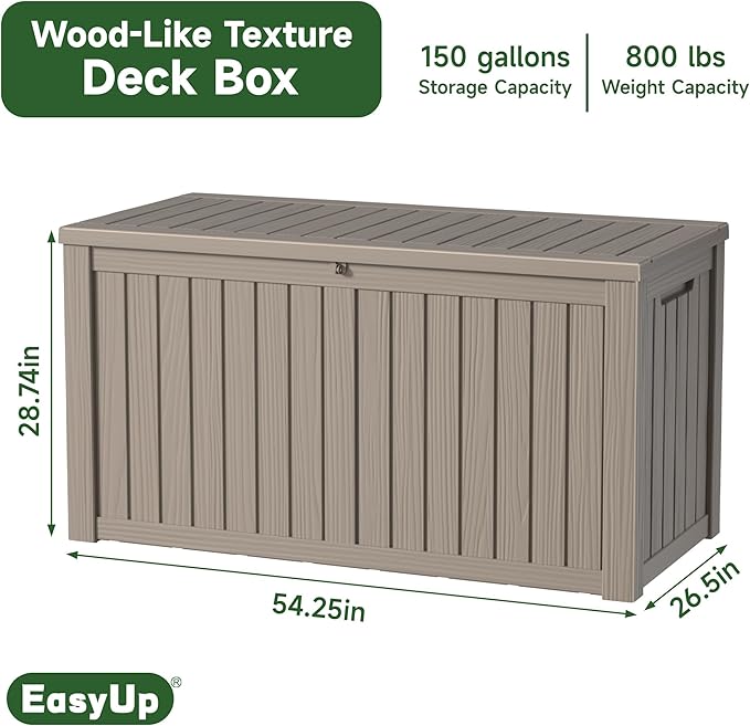 150 Gallon Outdoor Storage Box, Resin Waterproof UV-Resistant Deck Box with Hydraulic Lid Support, Reinforced Stability for Patio, Garden, and Poolside, Striped Gray