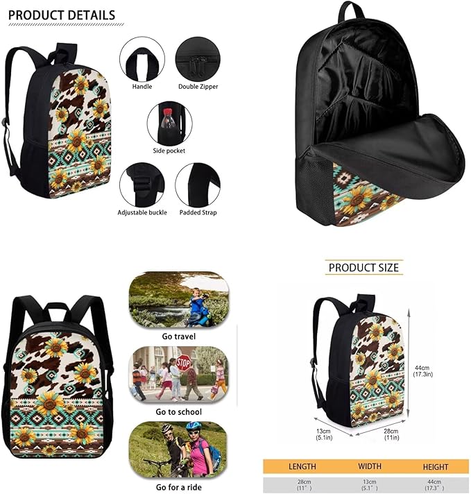 CLOHOMIN Aztec Cow Print Backpack with Lunchbox Age 5th Grade/6th Grade 3 in 1 Middle School Book Bags with Pencil Case Lunch Bag Set Sunflowers School Bag for Kids Boys Girls 9-10