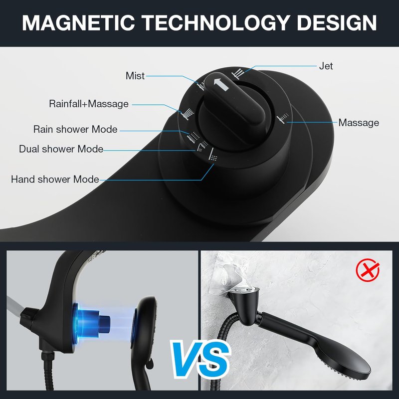 High Pressure Rain Shower Head with Handheld Spray Combo Fixed Showerhead Dual Shower Head Set 10 Sprays Detachable Hand Held Showerheads Built-in Magnetic System Matte Black