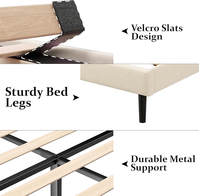King Size Bed Frame with Wingback Headboard, Upholstered Platform Bed, No Box Spring Needed, Sturdy Wooden Slat Support, Easy Assembly, Cream