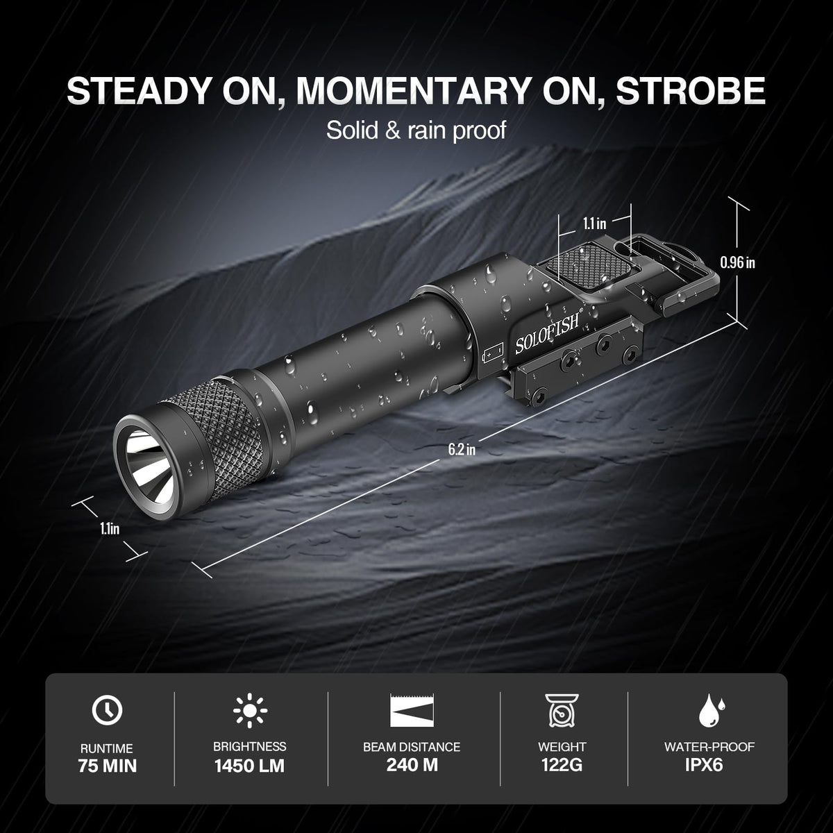 Solofish Aluminum 1450lm Flashlight is Compatible Picatinny/Mlok Rail