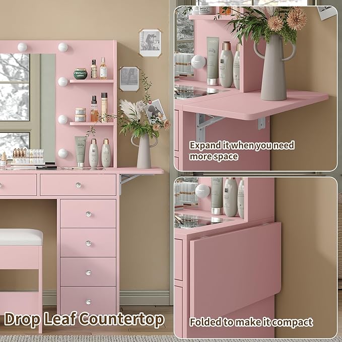 Vanity Desk with Power Outlet, 11 Drawers Makeup Vanity with Lighted Mirror, 3 Colors Adjustable, Glass Top Vanity with Chair, 4 Shelves and Fold-up Panel, Dressing Table for Bedroom, Pink