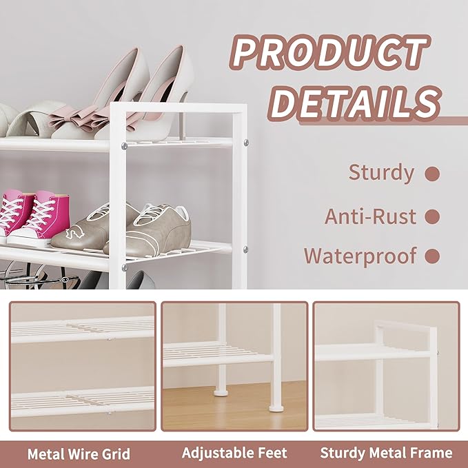 DongRong 5 Tier Shoe Rack,Metal Shoe Storage Organizer Shelf for Closet,Entryway, Garage,Narrow Space(White, 5 Tier)