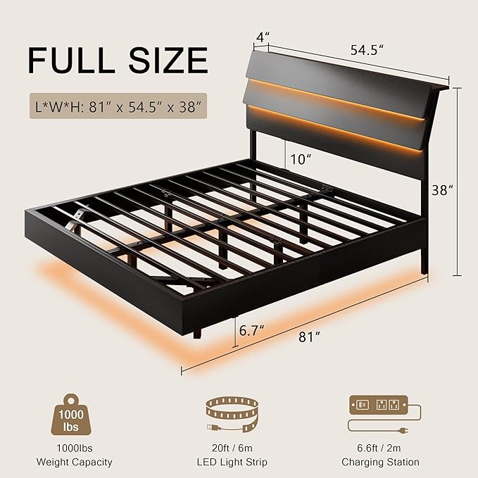 Floating Bed Frame Full Size with Led Headboard and Charging Station, Metal Platform Bed Base with Storage, Remote Control, Heavy Slats Support, No Box Spring Needed, Noise Free, Black