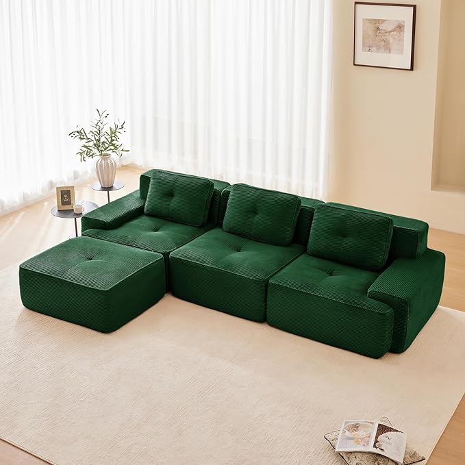 Green Ottoman for Modular Sectional Sofa, Corduroy Deep Seat for Oversized Compressed Boneless Sectional Couches for Living Room Bedroom Apartment, Cloud Sofa Couch, Memory Foam, No Assembly