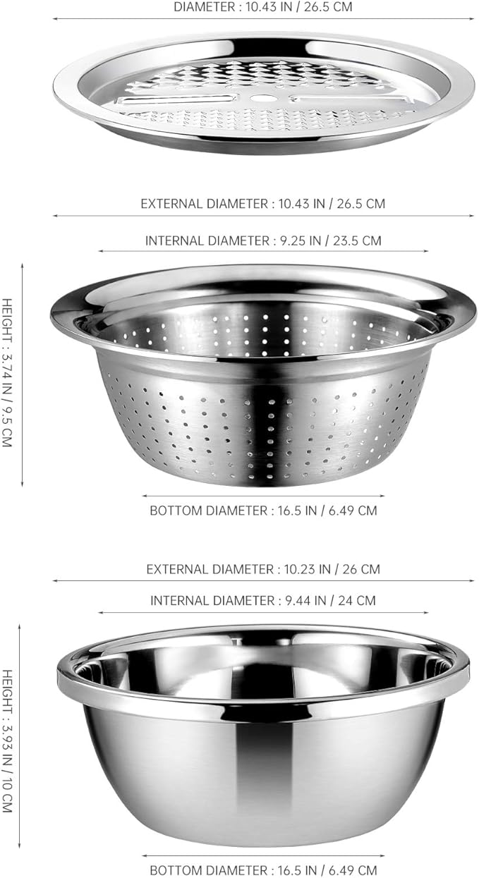 Cabilock Stainless Steel Grater Bowl, 3-in-1 Vegetable Grater with Drain Basket and Salad Bowl, Multipurpose Kitchen Strainer Shredder for Cheese, Carrots, Potatoes, Cucumbers and Food Prep, 10.2 Inch