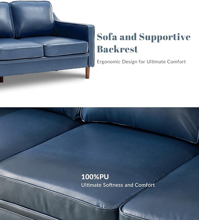 Kingfun 80" Faux Leather Sofa, 3 Seater Couch, Mid Century Modern Couch with Solid Wood Frame for Living Room & Bedroom, Blue