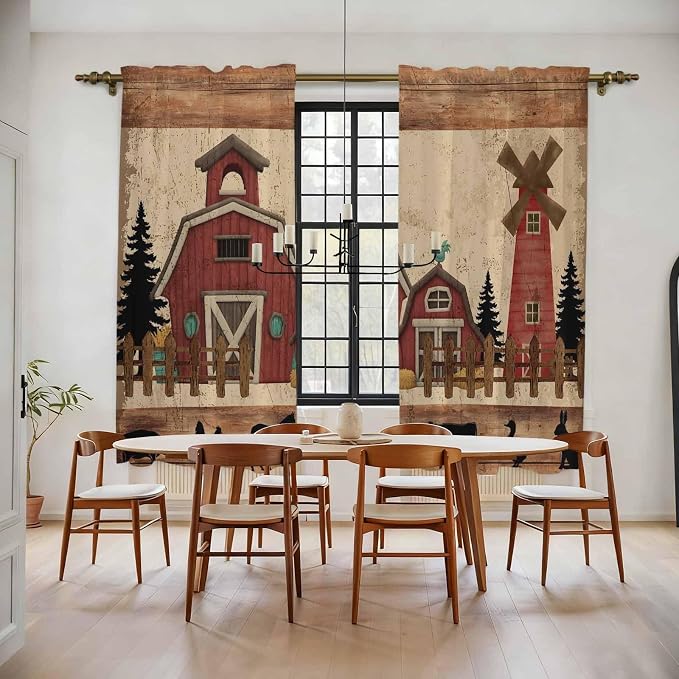 Brown Farmhouse Kitchen Curtains, Vintage Country Animals Wooden Grain Light
