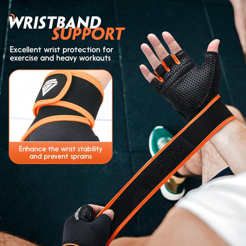 HTZPLOO Workout Gloves for Men Women - Weight Lifting With Full Palm Pad, Strong Wrist Wraps Support, Enhanced Grip - Fitness, Training, Exercise (Black&Orange, Medium)
