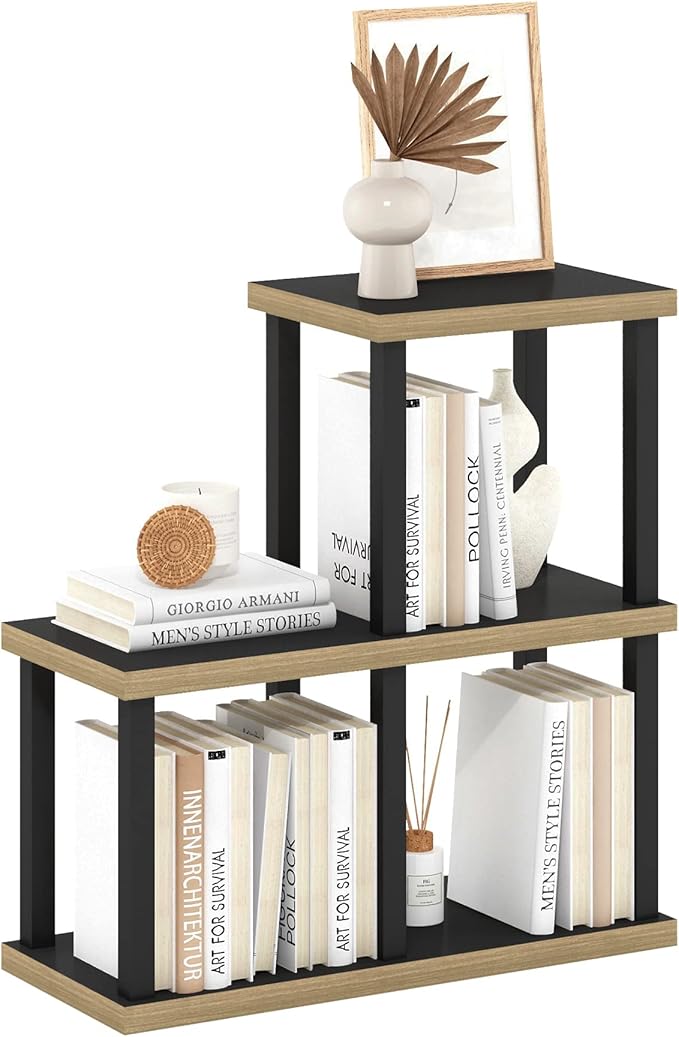 Furinno Turn-N-Tube Storage Shelves, 3-Cube Book Shelf, Accent Display Shelf, Toolless Open Shelves, Square Tubes, for Organization and Storage, Living Room, Garage, Home Office, Dark Americano