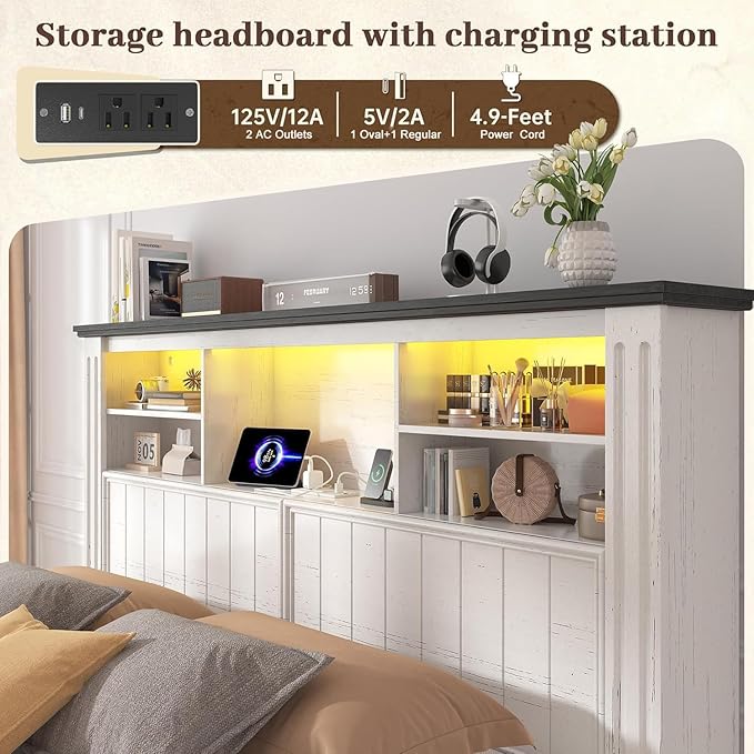EnHomee King Bed Frame and Headboard, King Size Bed Frame with 4 Storage Drawers, King Bed with LED Lights & Charging Ports,No Box Spring Needed,NO Noise,Wooden, White