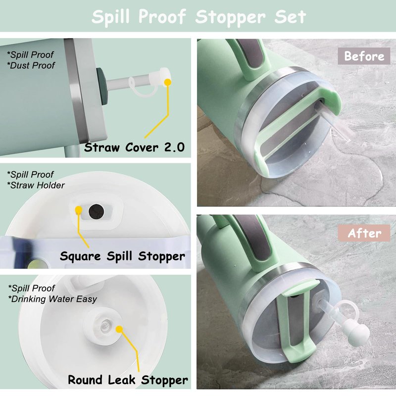 Stanley Cup Accessories Set,Including 2 Pcs 0.4in Straw Cover, 1 Silicone Spill-Proof Stopper, 1 Cute Handle Charm, 1 Silicone Boot Fits Stanley 40&30 Oz Tumbler (Eucalyptus Green)
