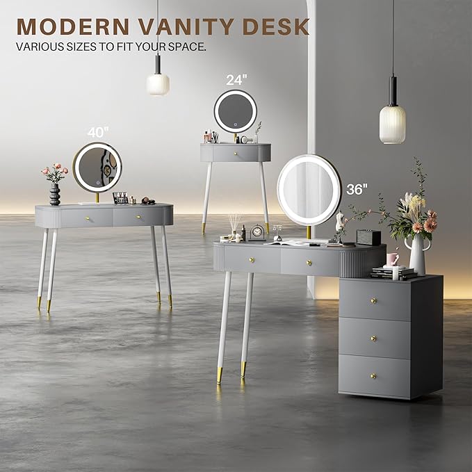 WinZo 40" Vanity Desk with Mirror and Lights, Small Makeup Vanity Table with 2 Storage Drawers and Charging Station, 3 Color Touch Screen Stylish Dressing Table for Small Spaces & Bedroom, Gray