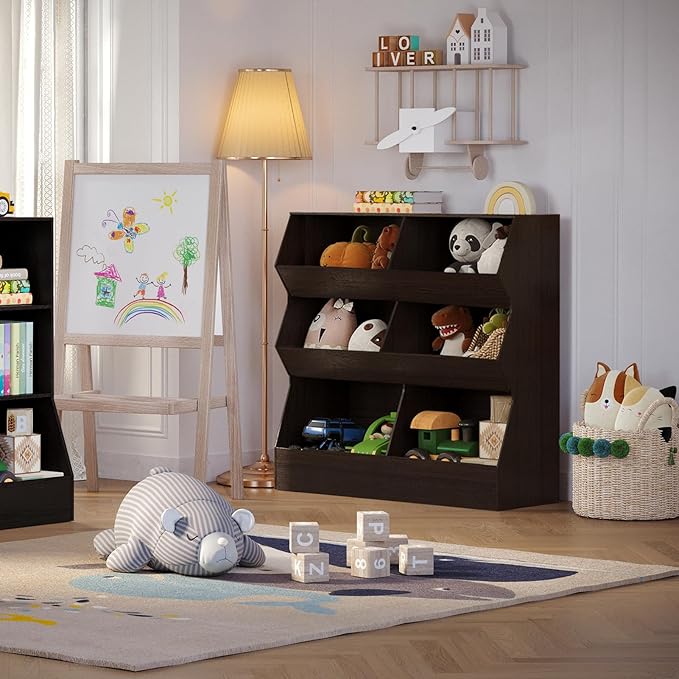DINZI LVJ Toy Storage Organizer, Kids Bookshelf, Wooden Toy Storage Cabinet, 6 Cubby Children Bookcase, 39.4" L Toddler Book Shelf for Playroom, Living Room, Nursery, Hallway, School, Espresso