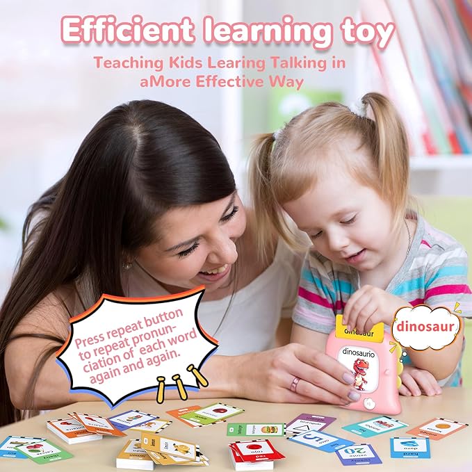 Kidzdo 520 Bilingual Spanish English Talking Flash Cards, Easter Birthday Gifts for 2 3 4 5 6 Year Old Girls, Language Pocket Speech Therapy Toys, Portable Toddlers Toys, Pink