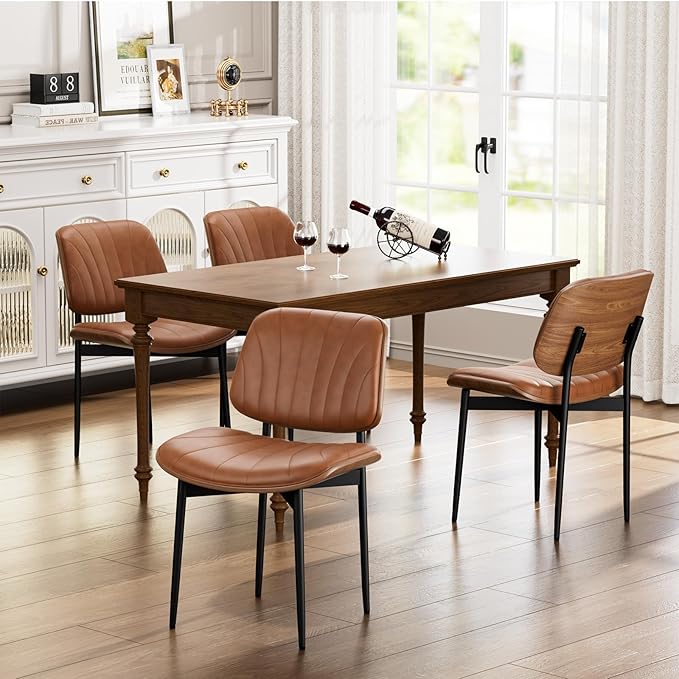 Dining Chairs Set of 8, Dining Room and Kitchen Chairs, Mid Century Modern Accent Chair, Upholstered PU Leather Chairs for Vanity with Walnut Bentwood and Metal Legs, Light Tan