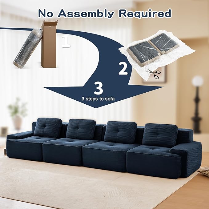 150" Modern Corduroy Cloud Sofa, Boneless Modular Large Sectional Couches for Living Room, Blue 4 Seater Compressed Memory Foam Couch, Extra Deep Seat, No Assembly