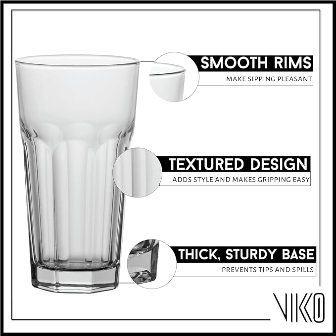 Vikko Drinking Glasses, Set of 6 Juice Glasses 9.5 Oz, Thick and Sturdy Kitchen Glasses, Dishwasher Safe Highball Glass Tumbler, Heavy Duty Cups, Water Glasses