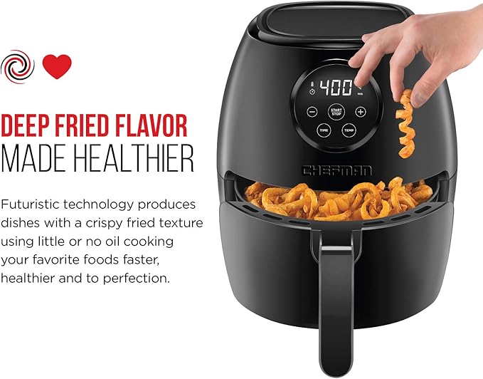Chefman Digital 3.6 Quart Touch Screen Air Fryer Oven w/Space Saving Flat Basket, Healthy Oil-Free Airfryer w/ 60 Minute Timer & Auto Shutoff, Dishwasher Safe Parts, BPA-Free, Black