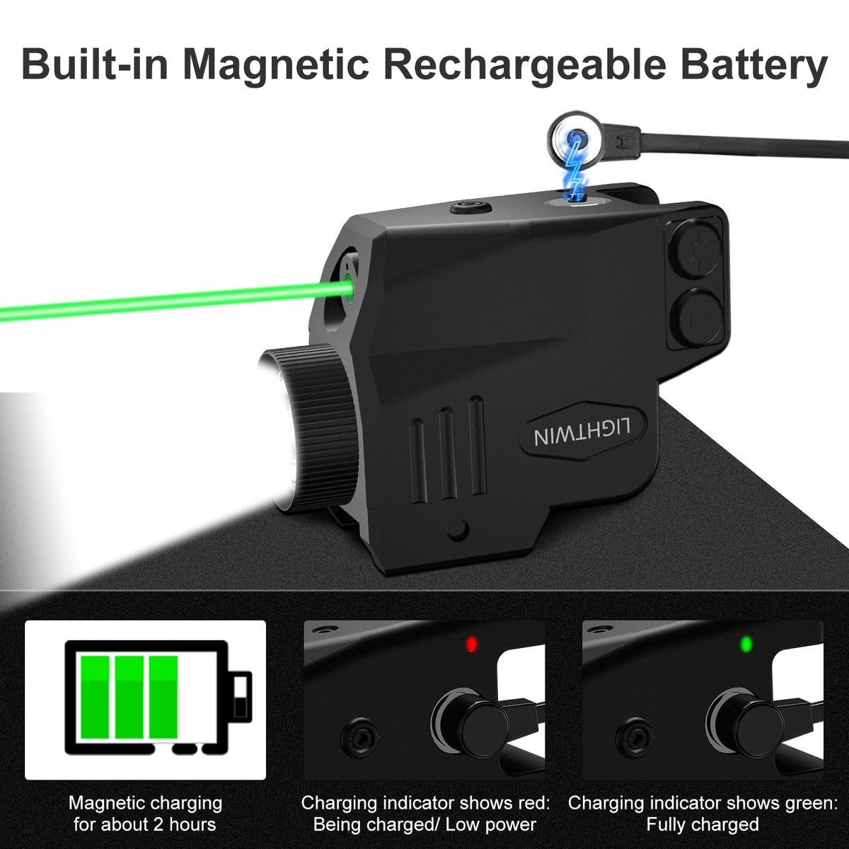 Magnetic Rechargeable 500 Lumens Pistol Light Laser Combo, Green Laser Beam, Strobe & Steady Function for Tactical Flashlight with Picatinny Rail