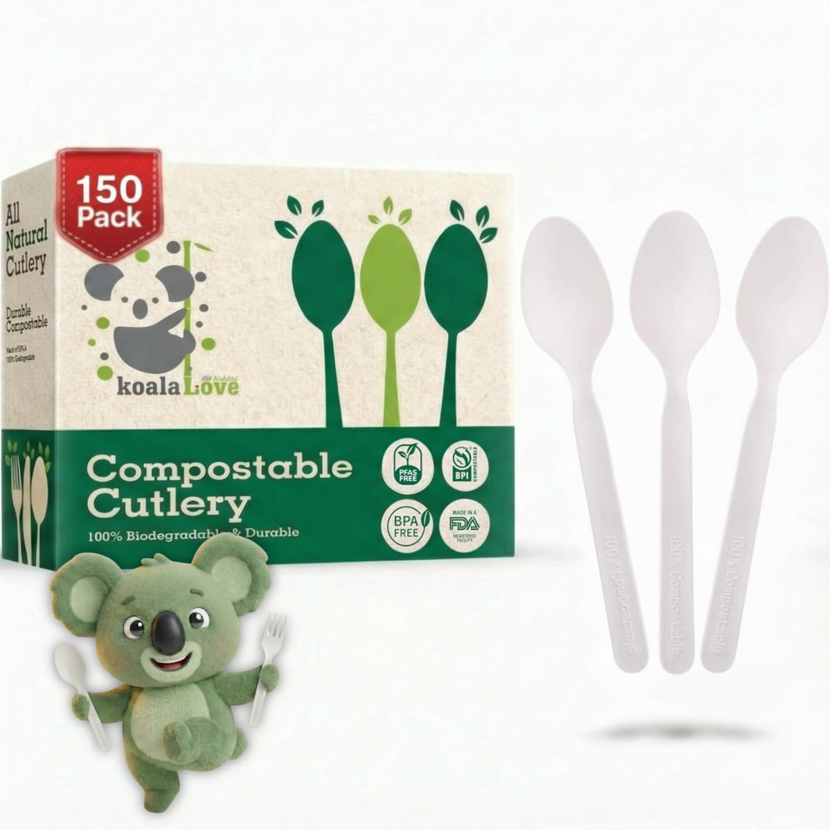 100% Compostable Forks 150 Large biodegradable Disposable Compostable Cutlery Silverware Utensils durable and heat resistant alternative to plastic forks with convenient tray by KOALALOVE