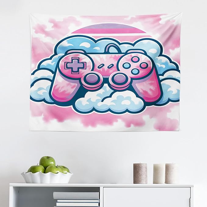 Ambesonne Pink Tapestry, Girly Gamer Concept Design with a Controller and Clouds on a Soft Tie Dye Sky, Fabric Wall Hanging Decor for Bedroom Living Room Dorm, 28" X 23", Purple Pale Blue