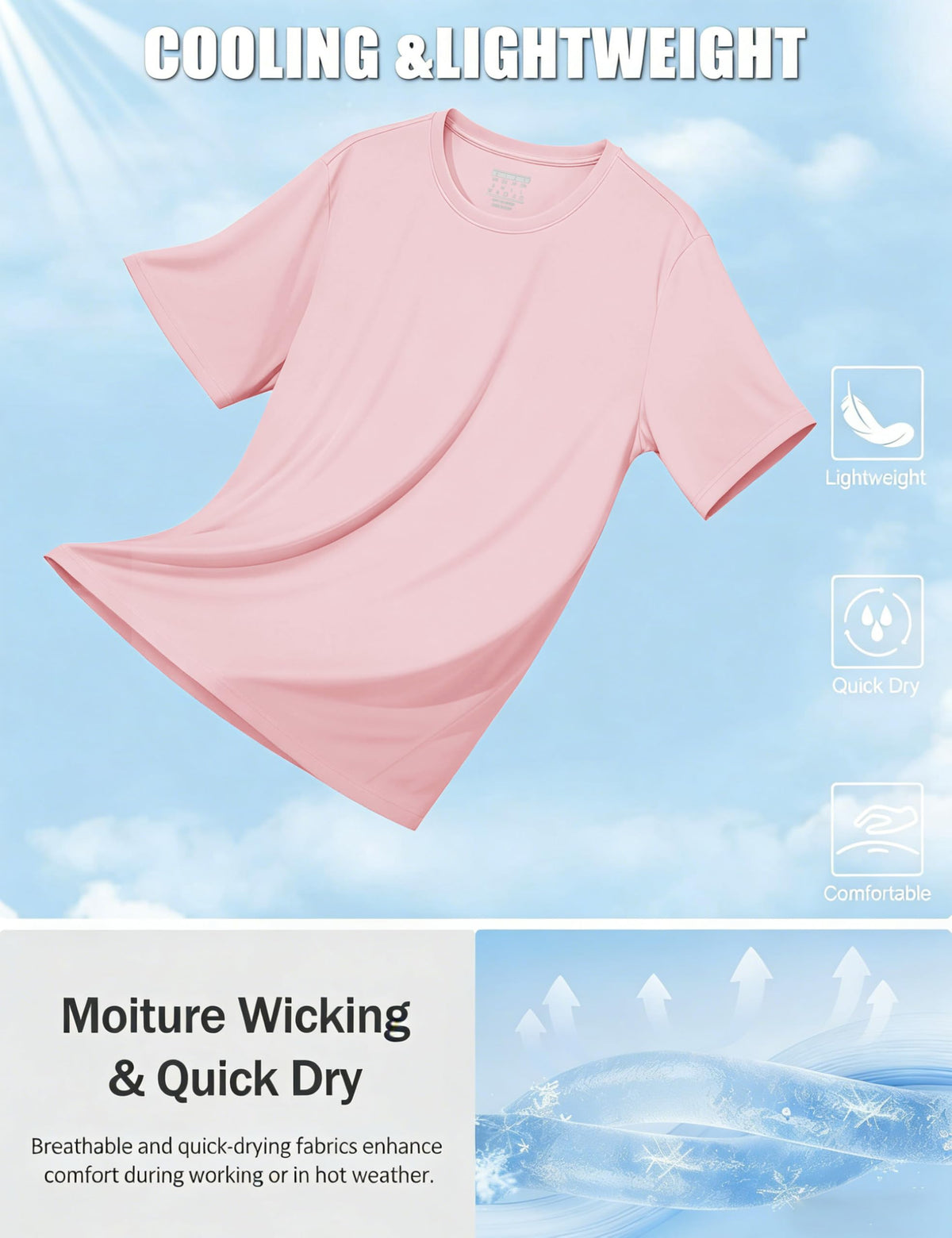 TACVASEN Men's Athletic Shirts Swim Short Sleeve Mens Workout Shirts Quick Dry Fit Running Performance Sun Protection UPF 50+ T-Shirt Light Pink 2XL