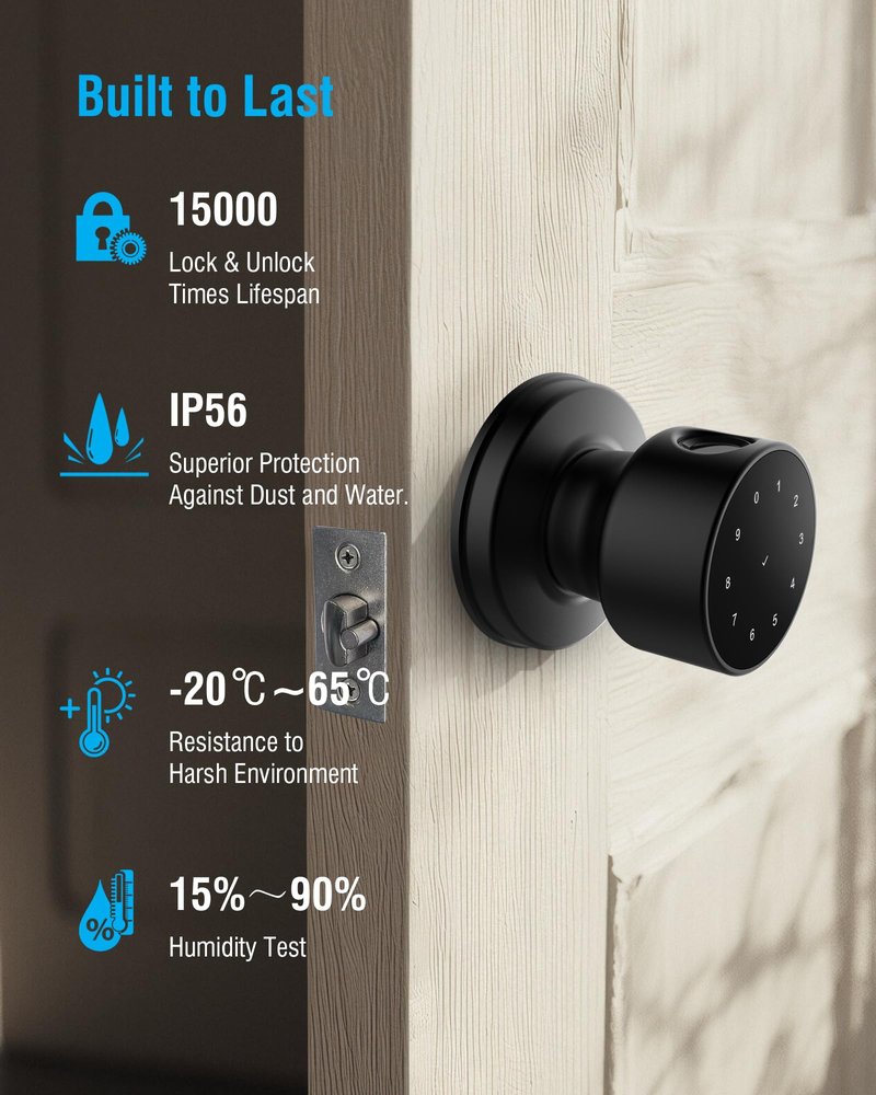ADWUMAONG 5-in-1 Smart Fingerprint Door Knob with Keypad, Bluetooth/APP Control, Keyless Entry Door Lock, Easy No-Drill Installation for Front Door, Bedroom, Office