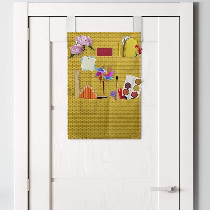 Ambesonne Brick Hanging Pocket Organizer, Illustration of Classic Basic Mini Rectangles Symmetrically Arranged, Printed Polyester Storage Bag with Pockets, 14" x 20", Earth Yellow Pale Coffee