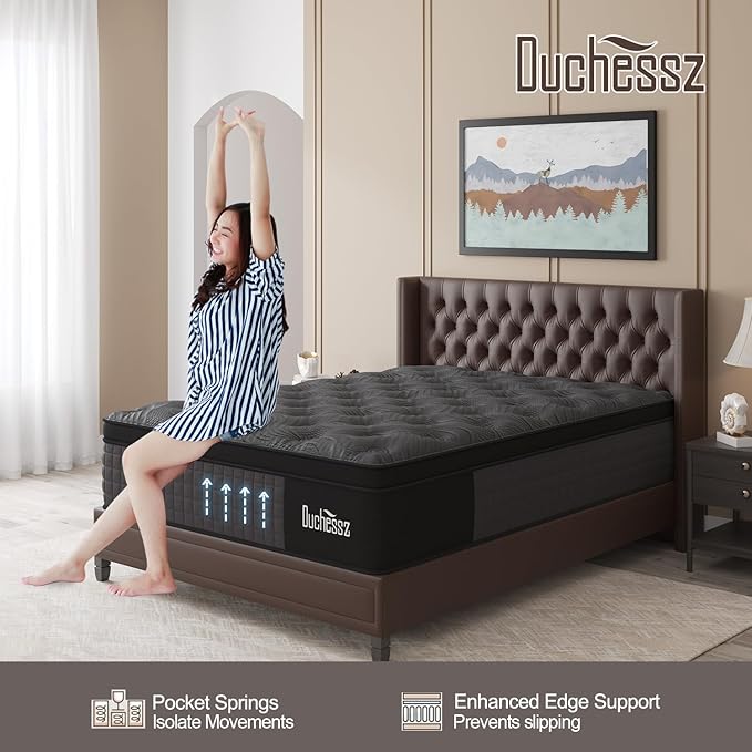 Queen Mattress, 14 Inch Hybrid Mattresses Black with Gel Memory Foam and Individually Pocket Innerspring Euro Top Medium Firm for Motion Isolation, Edge Support, 100 Night Trial