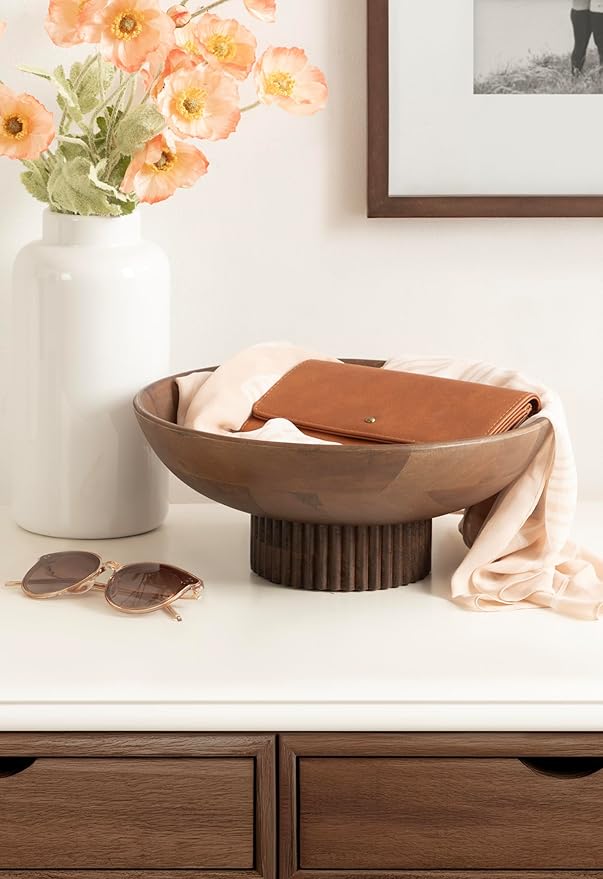 Kate and Laurel Rooks Modern Decorative Ribbed Wood Bowl, 12 Inch Diameter, Walnut Brown, Transitional Raised Fruit Bowl for Kitchen Counter or Use as Living Room or Entryway Table Decor