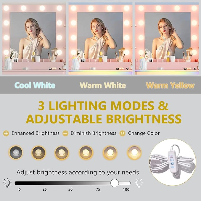 Vanity Desk with Mirror and Lights, Makeup Dressing Table Set with Storage Drawers & Stool, Power Outlet, 3 Lighting Modes Adjustable Brightness & RGB Ambient Light for Women Girls Bedroom, Pink