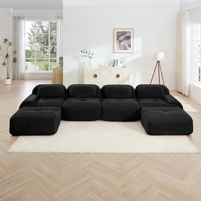 Black Ottoman for Modular Sectional Sofa, Corduroy Deep Seat for Oversized Compressed Boneless Sectional Couches for Living Room Bedroom Apartment, Cloud Sofa Couch Set, Memory Foam, No Assembly