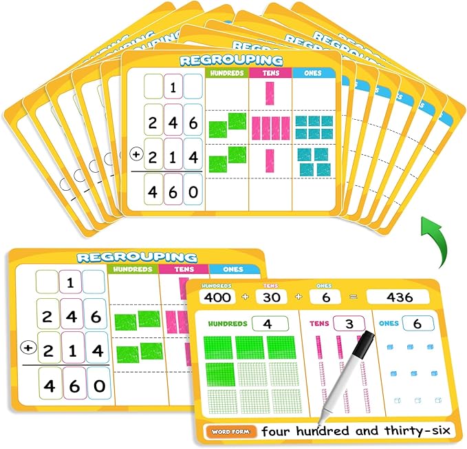12 Packs Dry Erase Place Value Chart, Math Games for Kids Addition and Subtraction Flash Cards, White Board Math Manipulatives 1st 2nd 3rd Grade Teacher Classroom Must Haves Homeschool Supplie