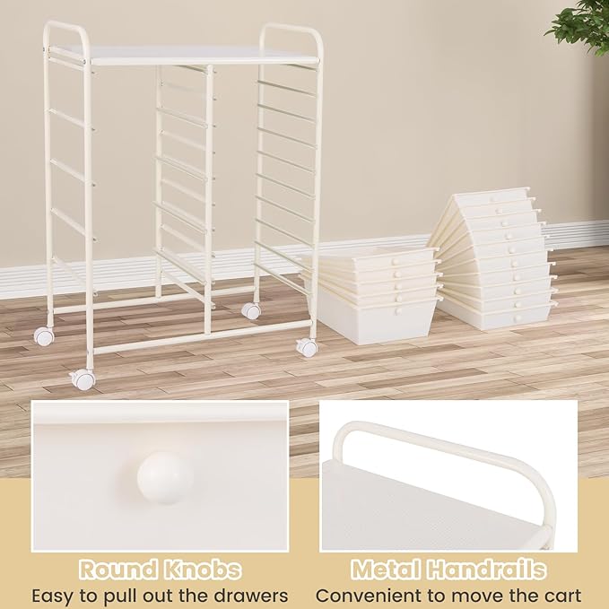 COSTWAY 15 Drawer Rolling Storage Cart, Mobile Utility Cart with Lockable Wheels, Drawers, Multipurpose Organizer Cart for Home, Office, School, White