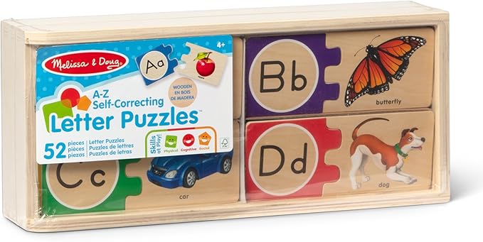 Melissa & Doug Self-Correcting Alphabet Puzzle (52 pcs) with Toy Storage Box, Wooden ABC Puzzles for Toddlers & Preschoolers, Montessori Learning Toys for Girls & Boys 4+