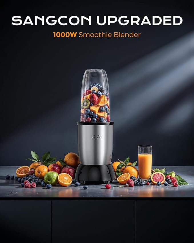 Sangcon 1000W Personal Smoothie Blender, Protein Shakes, Home & Gym, Silver