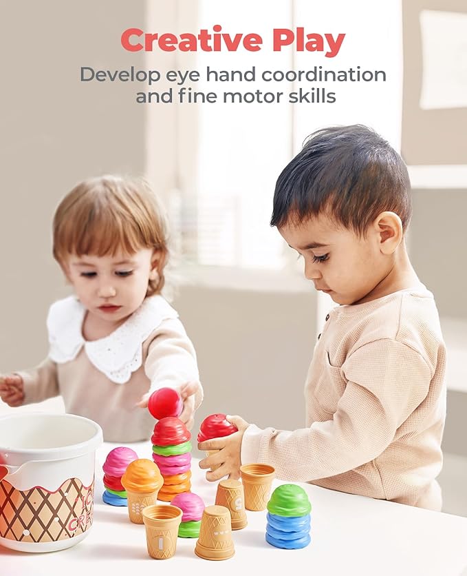 JoyCat Ice Cream Preschool Learning Activities Counting and Color Sorting Set Stacking Toys for Kids 1-5, Educational Fine Motor Skills Toys, 30PCS Math Manipulatives, Easter Basket Stuffers