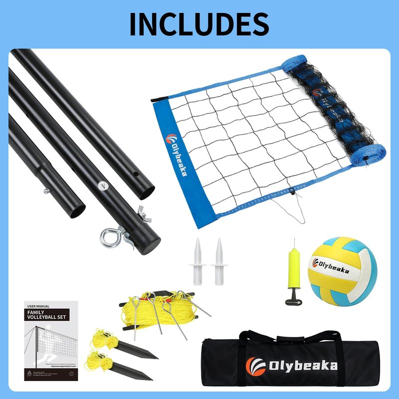 Portable Outdoor Volleyball Net Set for Backyard Beach with Adjustable Poles, Soft PU Volleyball & Pump, Carry Bag and Durable Anti-Sagging Net (Blue, 32ft)