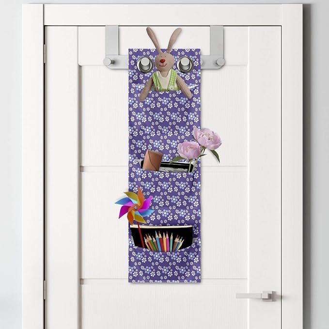 Ambesonne Romantic Hanging Pocket Organizer, Retro Blossom Petals Mini Aster and Daisy Flowers Meadow Rural Flourish, Printed Polyester Storage Bag with Pockets, 9" x 27", Blue Violet and White