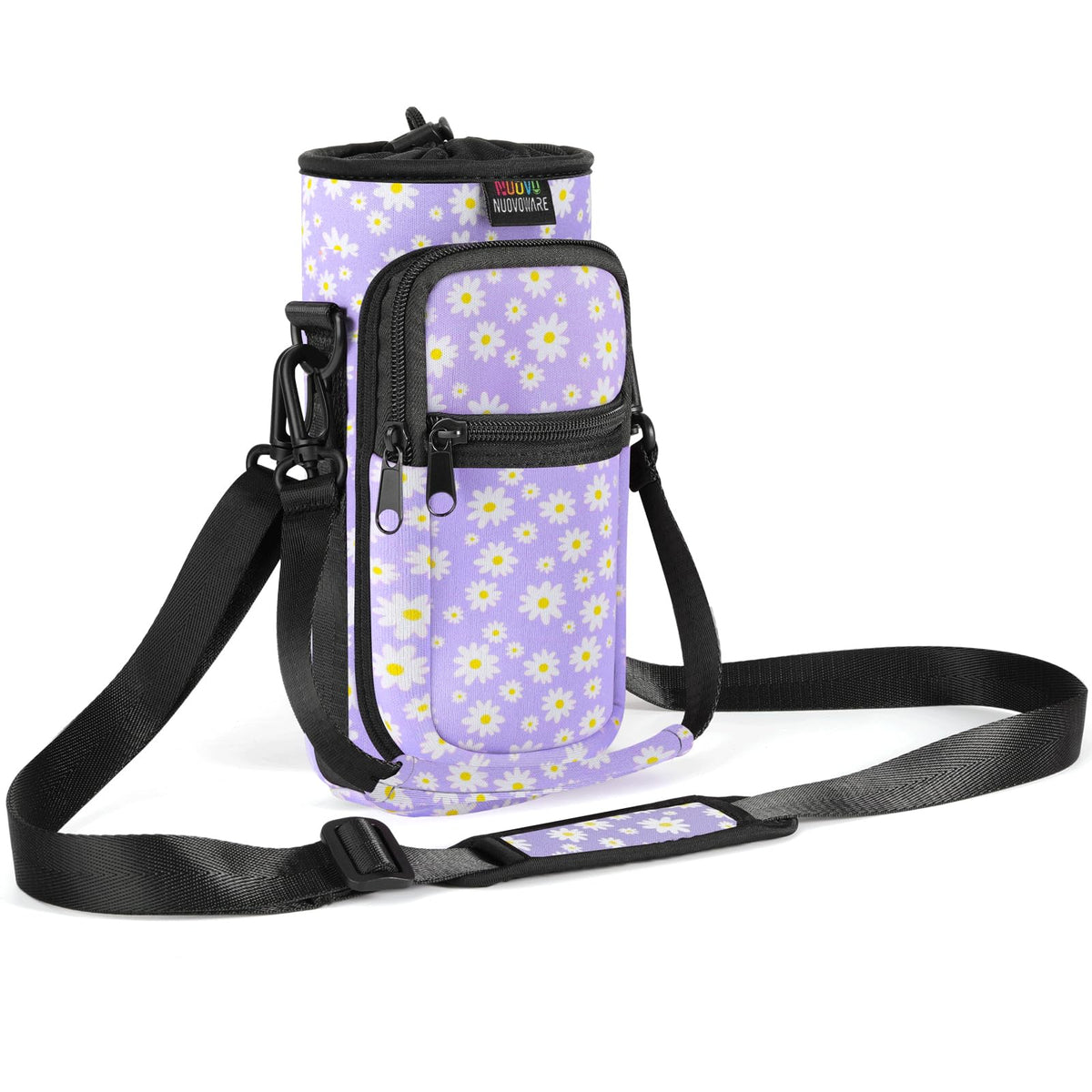 Nuovoware Water Bottle Carrier Bag, 25oz/32oz Bottle Pouch Holder, Adjustable Shoulder Hand Strap 2 Pocket Sling Neoprene Sleeve Sports Accessories for Hiking Travelling Camping, PurpleDaisy