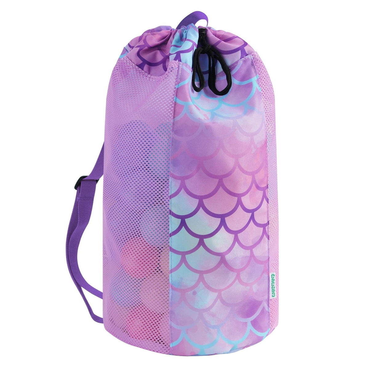 WAWSAM Mermaid Large Mesh Beach Bag for Kids, Drawstring Beach Backpack for Girls, Tote Mesh Beach Toys Bag, Swim Pool Toys Balls Storage Bags Gym Bag, Beach Toy Shells Organizer