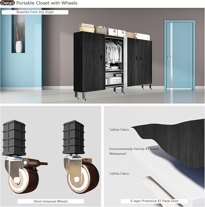 Foldable Portable Armoire Wardrobe Closet for Hanging Clothes Rack, Heavy Duty Covered Clothes Rack with Cover(HARDBOARD Magnetic), Closet Garment Rack for Bedroom Storage (KT Black, 49.21in)