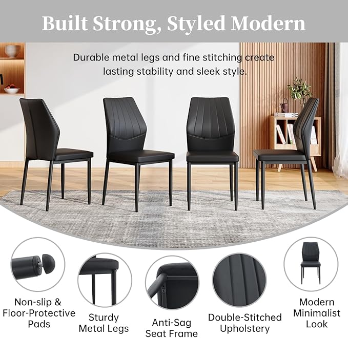 63" Modern Black Dining Table Set for 4 with Chairs, 5 Piece Rectangular Dining Room Table and 4 PU Leather Chairs, Kitchen Dining Set with Matte Wood Finish, Geometric Base, Easy Assembly