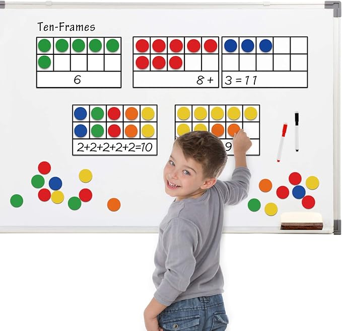 Torlam Magnetic Ten-Frame Set - Math Manipulative for Elementary - 5 Ten Frames & 55 Magnetic Counters for Kids, Kindergarten Math Games (Upgraded Version for Hand-held & 2 Black Pens)