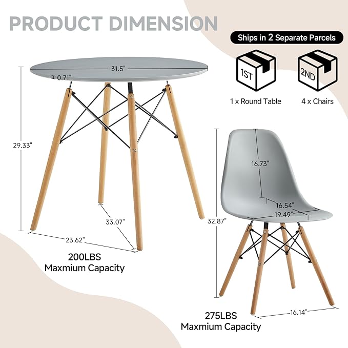 Round Dining Table Set for 4 31.5" Wood Dinner Table Circle Dining Table Kitchen Table Chairs Set of 4 with Wood Strip Base for Kitchen Living Room Space Saving Apartment(Grey)