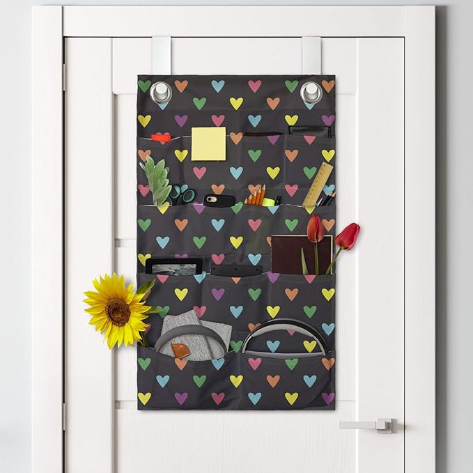 Ambesonne Romantic Hanging Pocket Organizer, Repeating Pattern of Love Themed Design Colorful Funny Mini Hearts, Printed Polyester Storage Bag with Pockets, 21" x 31", Dark Grey and Multicolor