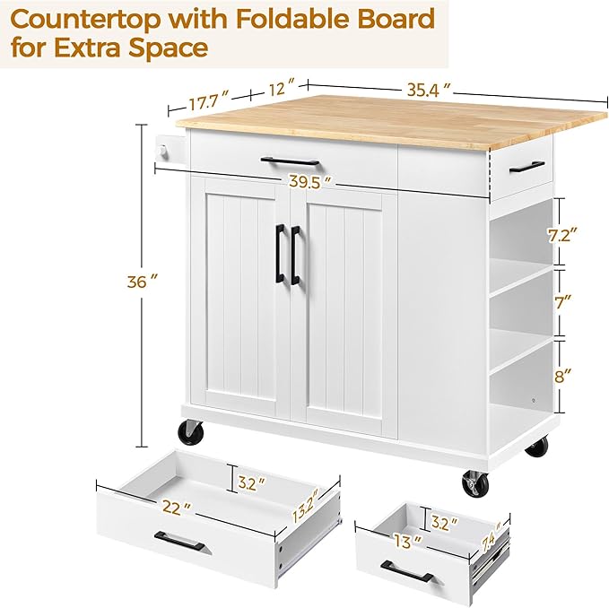 Yaheetech Rolling Kitchen Island Cart with Drop Leaf, Portable Rubberwood Breakfast Bar with Storage Cabinet, Open Shelves & Detachable Towel, 2 Drawers, White