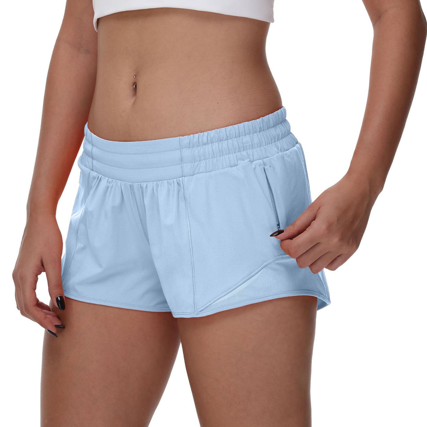 MCEDAR Women's Running Shorts Low Waisted 2.5"，Lightweight Active Workout Quick Dry Gym Athletic Sports Shorts Zip Pocket Pastel Blue,6/S