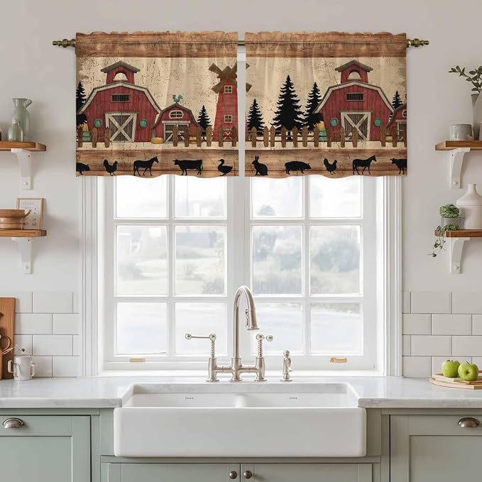 Brown Farmhouse Tier Curtains, Vintage Country Animals Wooden Grain Light